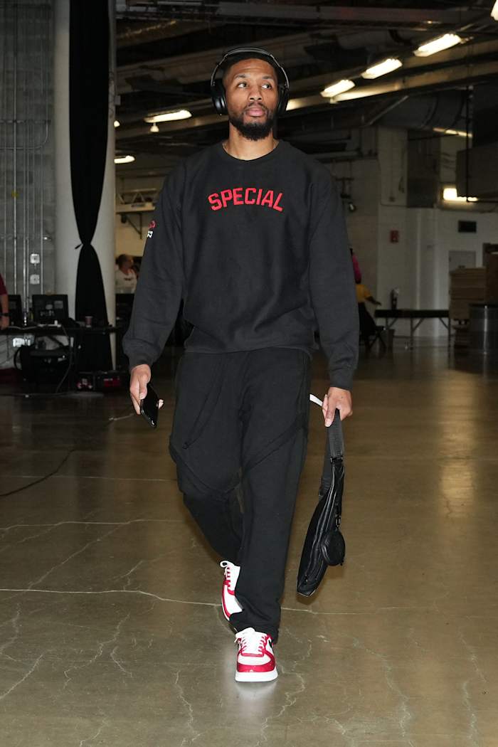 Milwaukee Bucks guard Damian Lillard arrives prior to the game against the Miami Hea